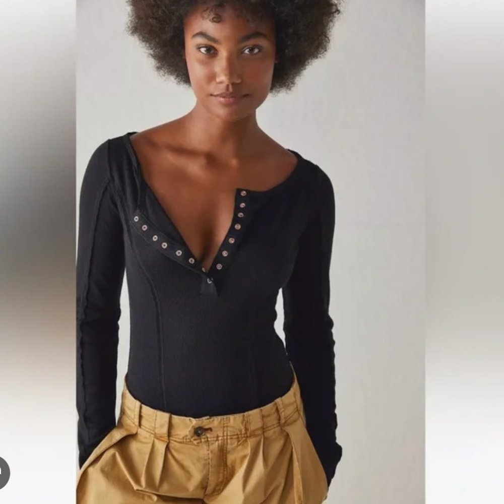 nwt | Free People Black Sloane Long Sleeve V Neck Bodysuit